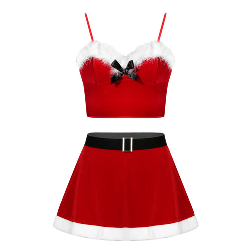 Women's Christmas Uniform Santa Claus Outfit Red Velvet Crop Top