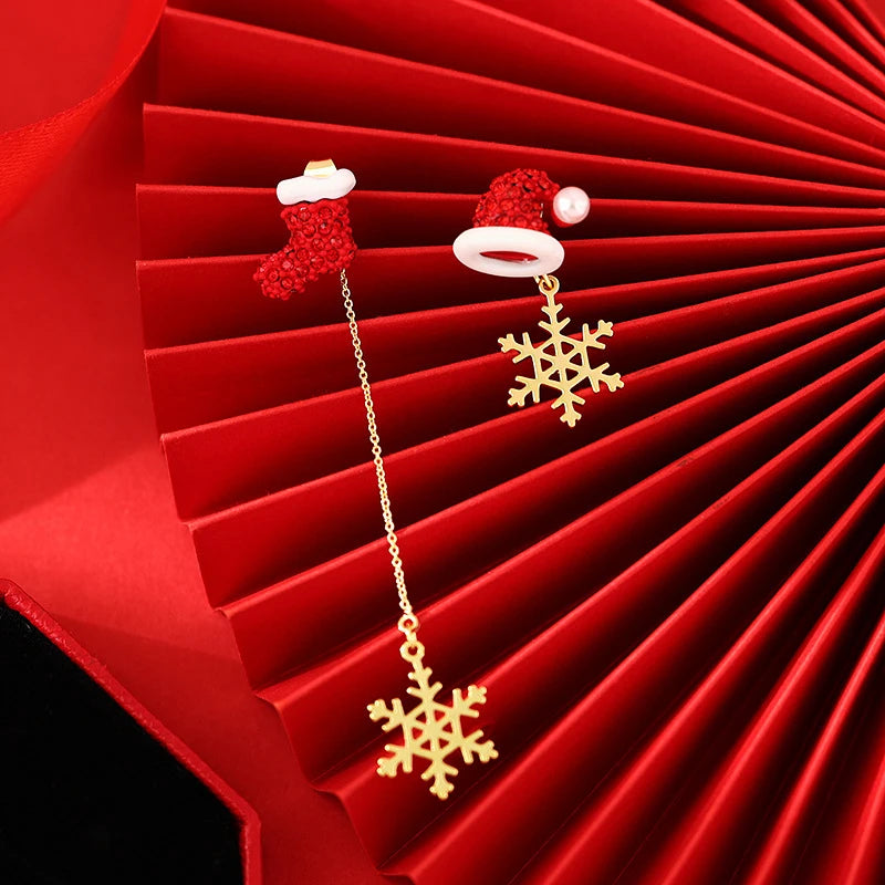 New Design Asymmetric Snowflake Christmas Boot Hat Drop Earrings for