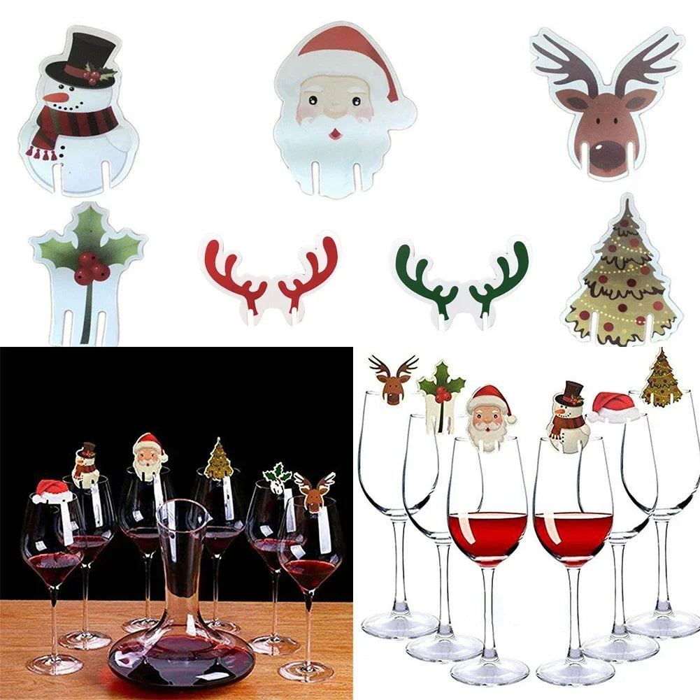 10pcs/set Christmas Glass Cup Card Santa Claus Hat Wine Glass Decor