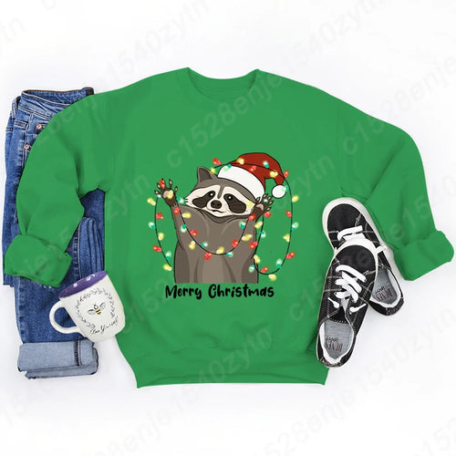 Christmas Light Racoon Merry Christmas Print Pullovers Women Autumn