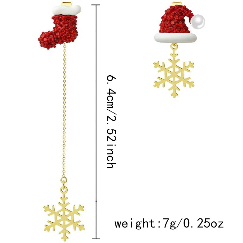New Design Asymmetric Snowflake Christmas Boot Hat Drop Earrings for