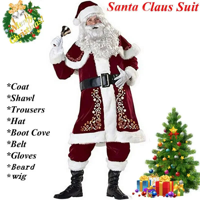 Adults 8pcs Men Christmas Santa Claus Suit Costume Cosplay Clothes