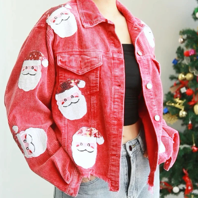 Sequined Santa Claus Vintage Jackets Single Breasted Christmas