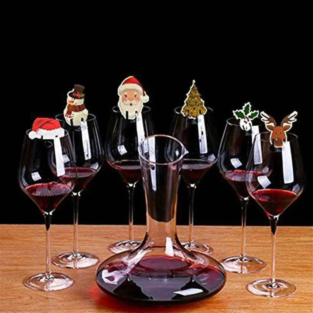 10pcs/set Christmas Glass Cup Card Santa Claus Hat Wine Glass Decor