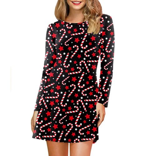 Christmas Deer Women Short Dresses Long Sleeve Festival Ladies Red - Christmas.ca