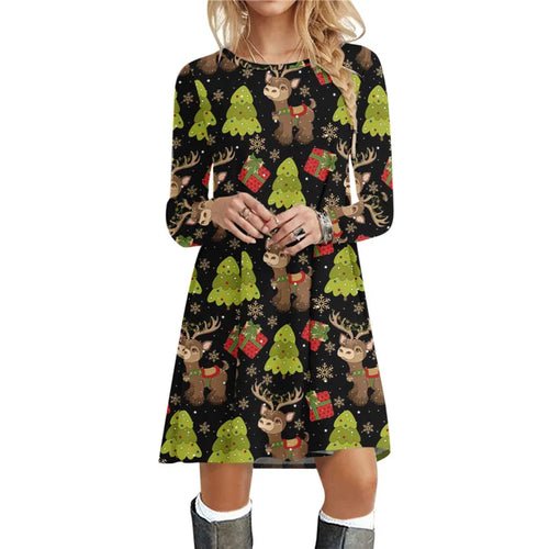 Christmas Deer Women Short Dresses Long Sleeve Festival Ladies Red - Christmas.ca