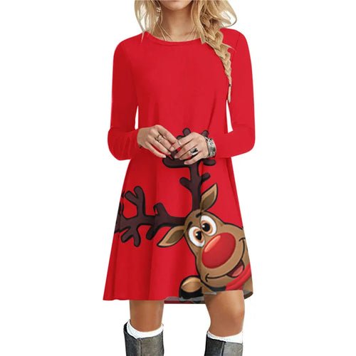 Christmas Deer Women Short Dresses Long Sleeve Festival Ladies Red - Christmas.ca