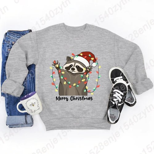 Christmas Light Racoon Merry Christmas Print Pullovers Women Autumn - Christmas.ca