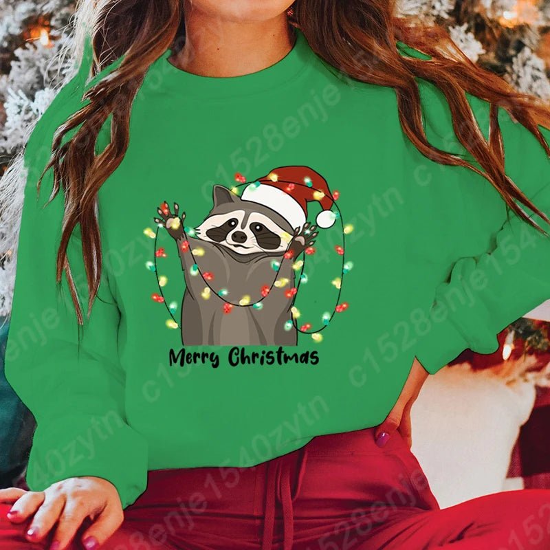 Christmas Light Racoon Merry Christmas Print Pullovers Women Autumn - Christmas.ca