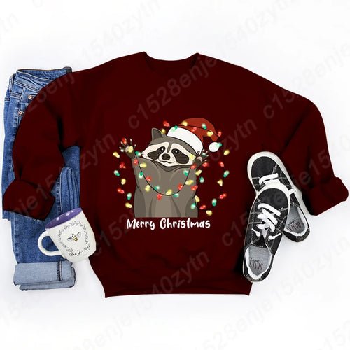 Christmas Light Racoon Merry Christmas Print Pullovers Women Autumn - Christmas.ca