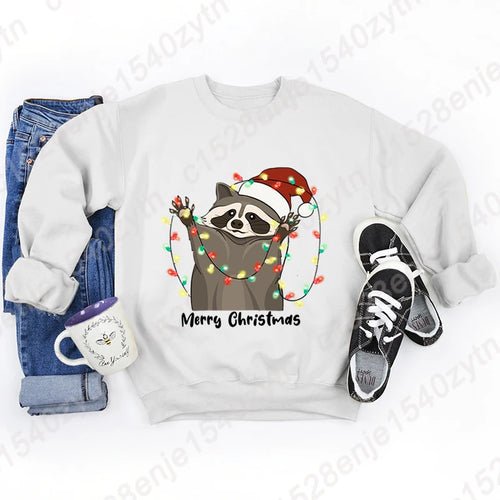 Christmas Light Racoon Merry Christmas Print Pullovers Women Autumn - Christmas.ca