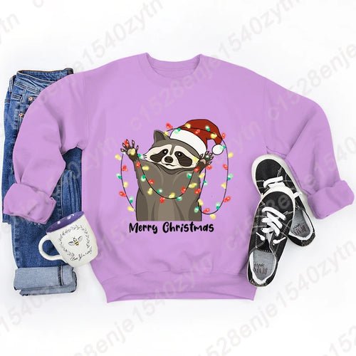 Christmas Light Racoon Merry Christmas Print Pullovers Women Autumn - Christmas.ca