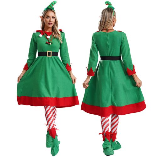Womens Christmas Elf Cosplay Costume Flannel Dress with Hat Shoes Belt - Christmas.ca