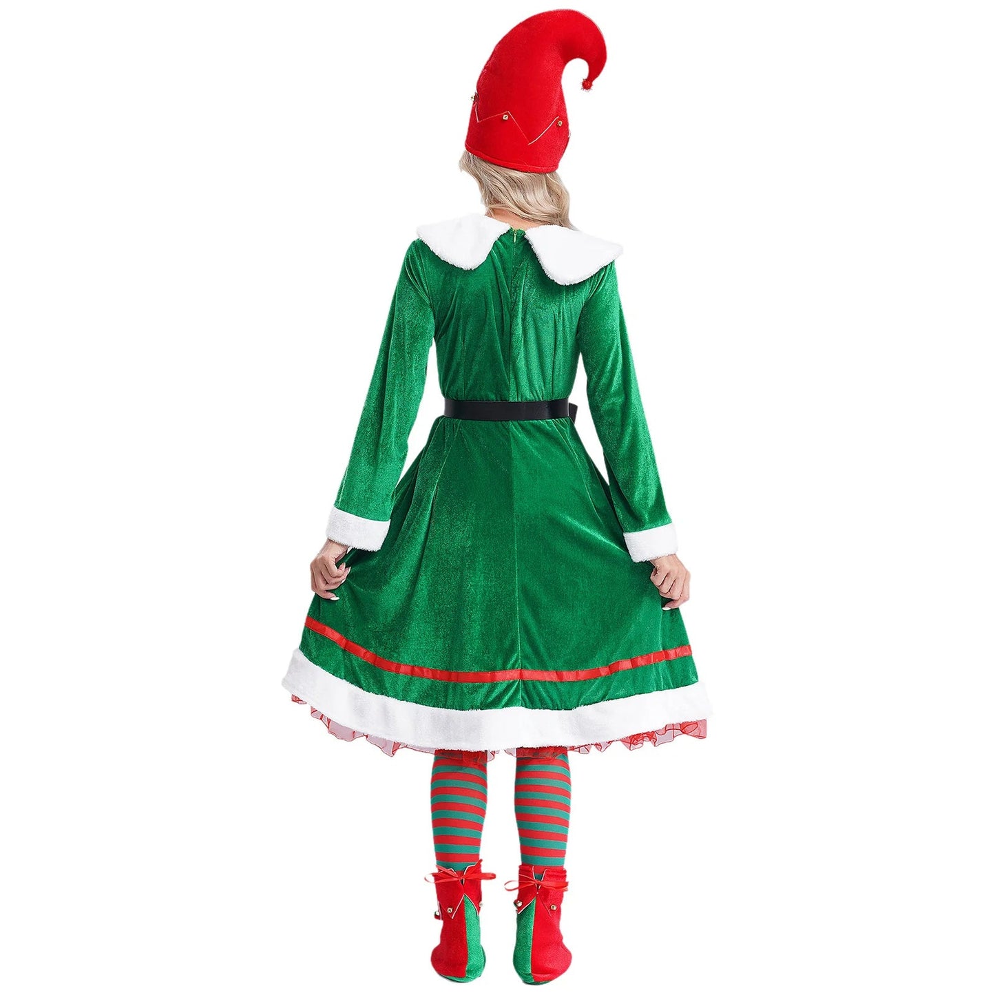Womens Christmas Elf Cosplay Costume Flannel Dress with Hat Shoes Belt - Christmas.ca