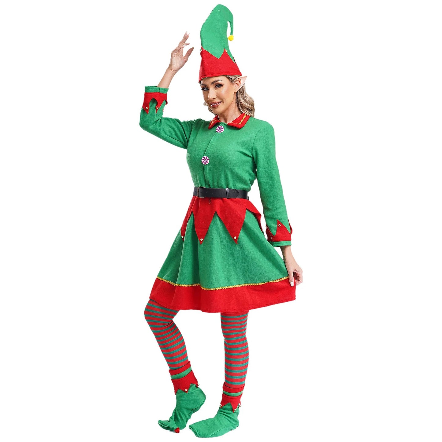 Womens Christmas Elf Cosplay Costume Flannel Dress with Hat Shoes Belt - Christmas.ca