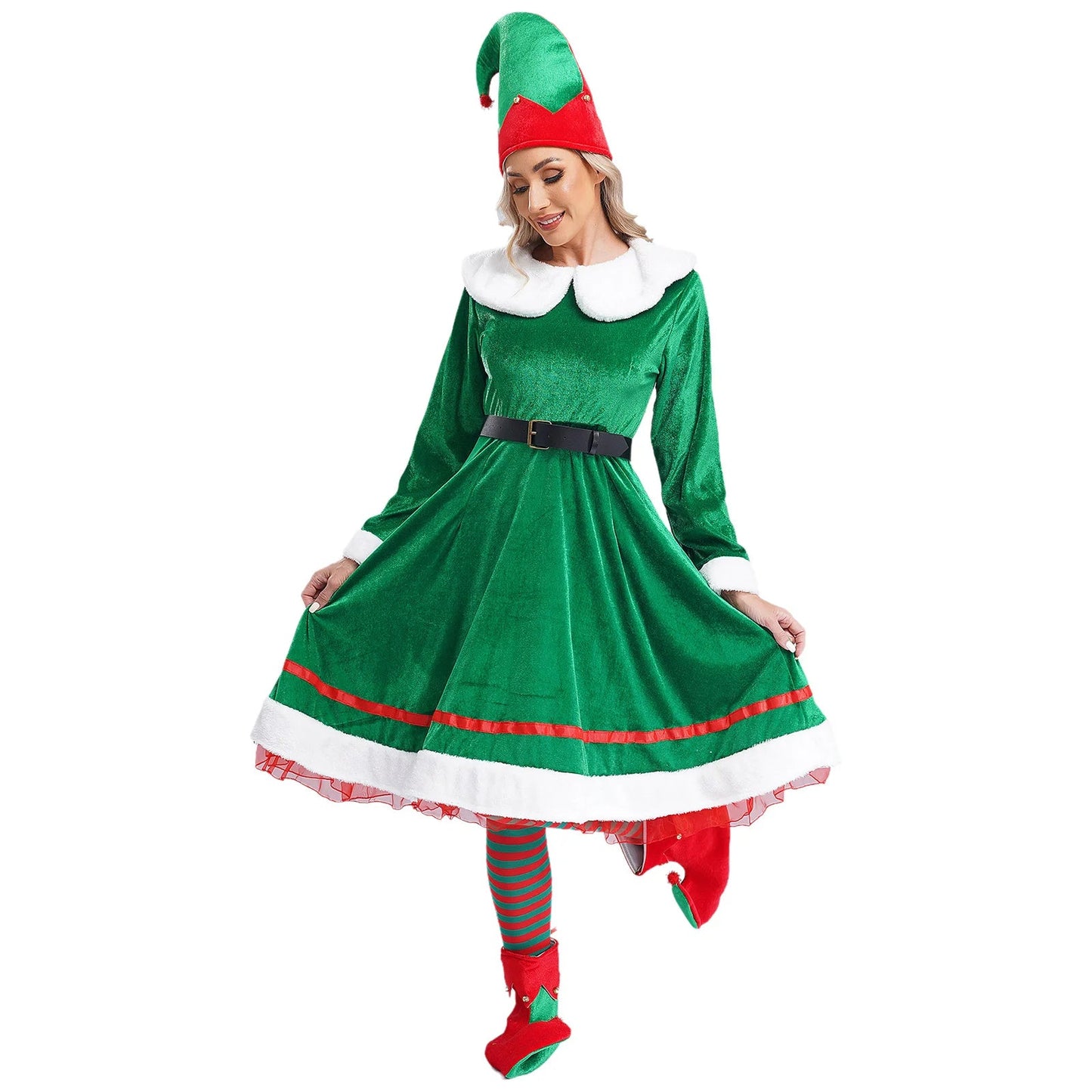 Womens Christmas Elf Cosplay Costume Flannel Dress with Hat Shoes Belt - Christmas.ca