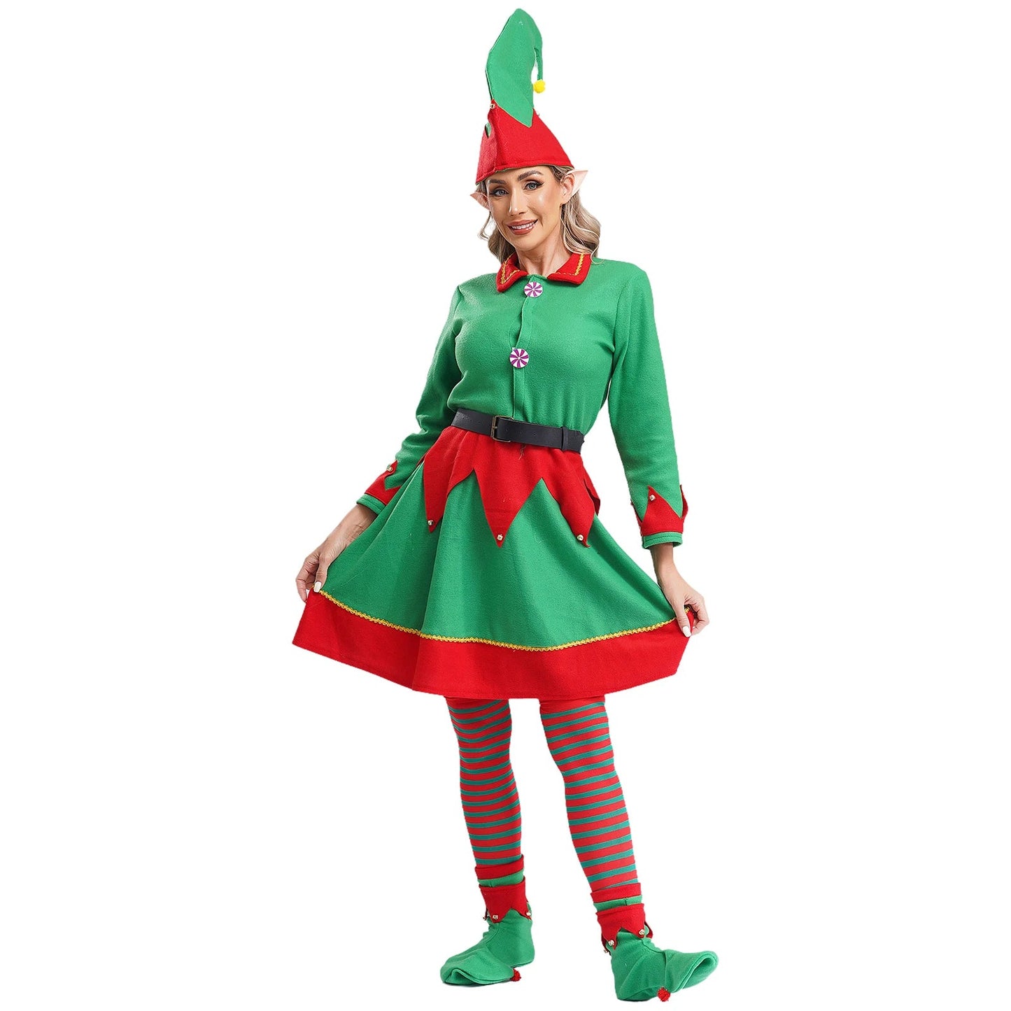 Womens Christmas Elf Cosplay Costume Flannel Dress with Hat Shoes Belt - Christmas.ca