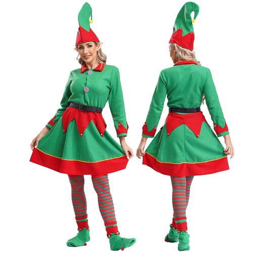 Womens Christmas Elf Cosplay Costume Flannel Dress with Hat Shoes Belt - Christmas.ca