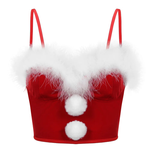 Women's Christmas Uniform Santa Claus Outfit Red Velvet Crop Top