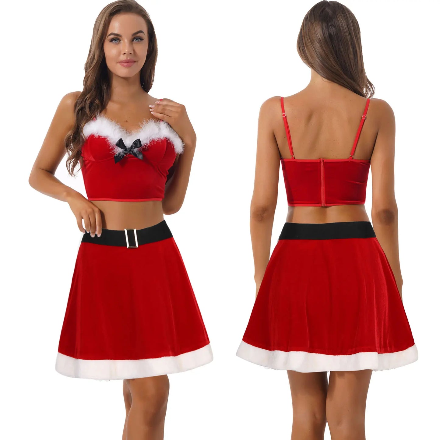 Women's Christmas Uniform Santa Claus Outfit Red Velvet Crop Top