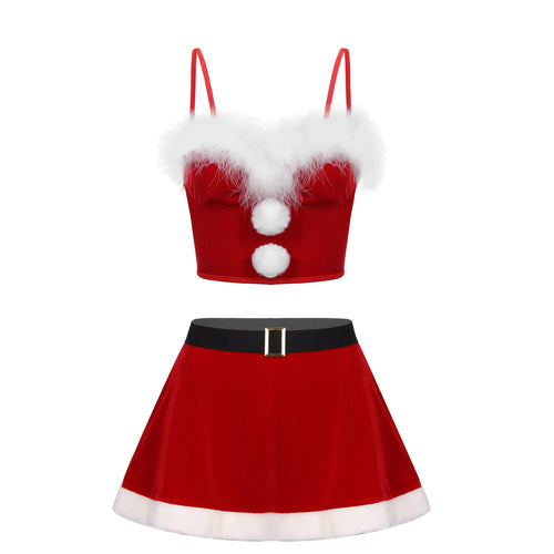 Women's Christmas Uniform Santa Claus Outfit Red Velvet Crop Top