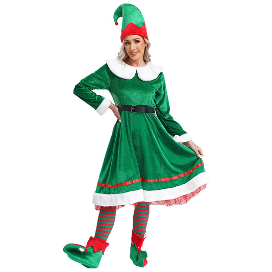 Womens Christmas Elf Cosplay Costume Flannel Dress with Hat Shoes Belt