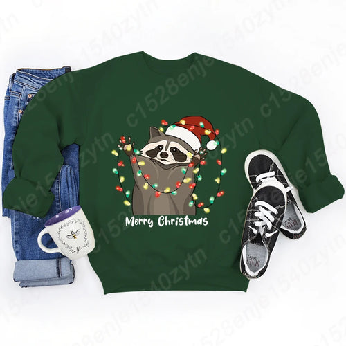 Christmas Light Racoon Merry Christmas Print Pullovers Women Autumn
