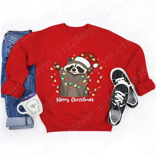 Christmas Light Racoon Merry Christmas Print Pullovers Women Autumn