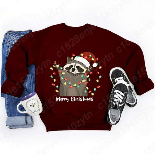 Christmas Light Racoon Merry Christmas Print Pullovers Women Autumn