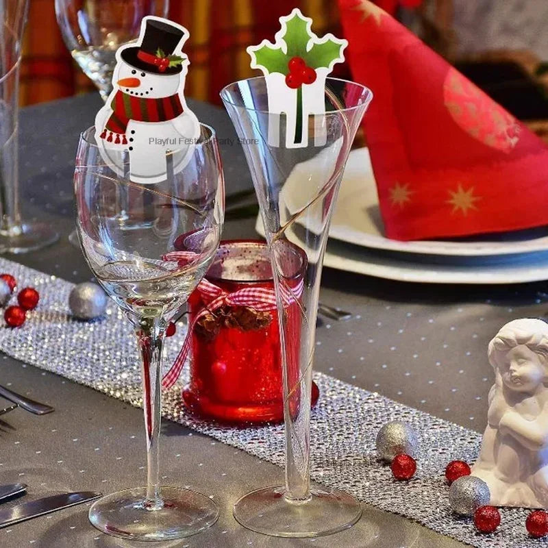 10pcs/set Christmas Glass Cup Card Santa Claus Hat Wine Glass Decor