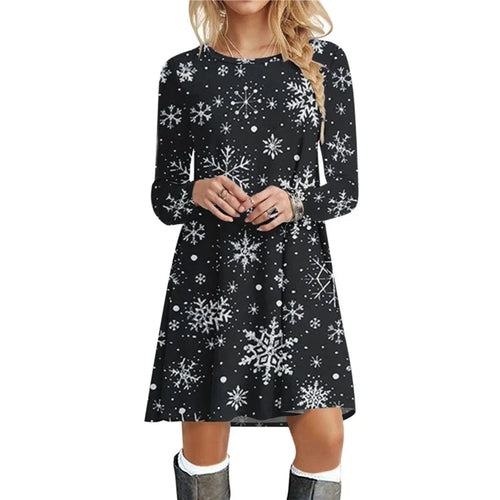 Christmas Deer Women Short Dresses Long Sleeve Festival Ladies Red