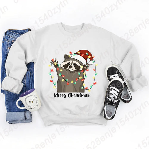 Christmas Light Racoon Merry Christmas Print Pullovers Women Autumn
