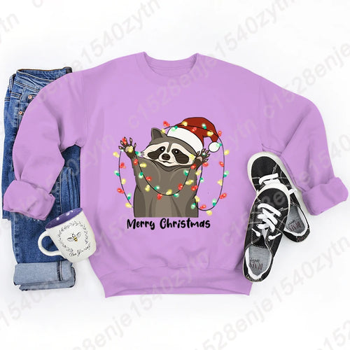 Christmas Light Racoon Merry Christmas Print Pullovers Women Autumn