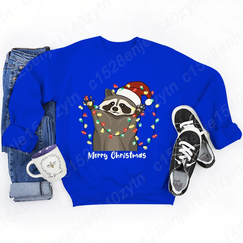 Christmas Light Racoon Merry Christmas Print Pullovers Women Autumn
