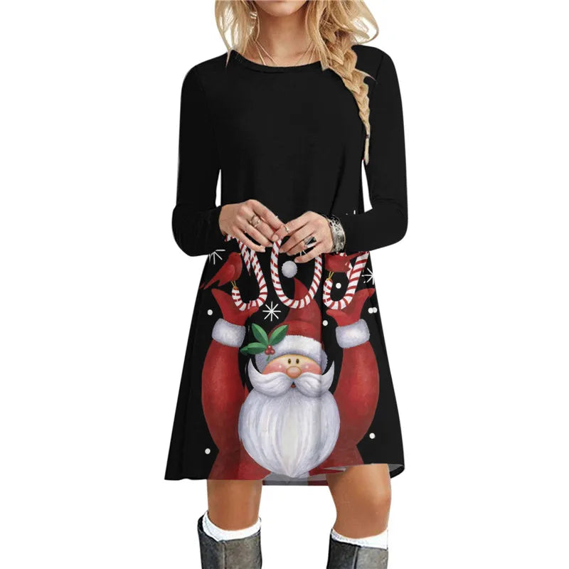 Christmas Deer Women Short Dresses Long Sleeve Festival Ladies Red