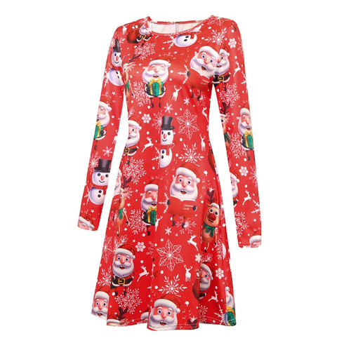 Christmas Deer Women Short Dresses Long Sleeve Festival Ladies Red
