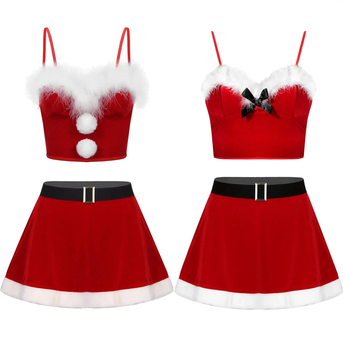 Women's Christmas Uniform Santa Claus Outfit Red Velvet Crop Top