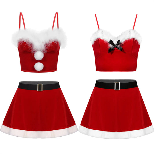 Women's Christmas Uniform Santa Claus Outfit Red Velvet Crop Top