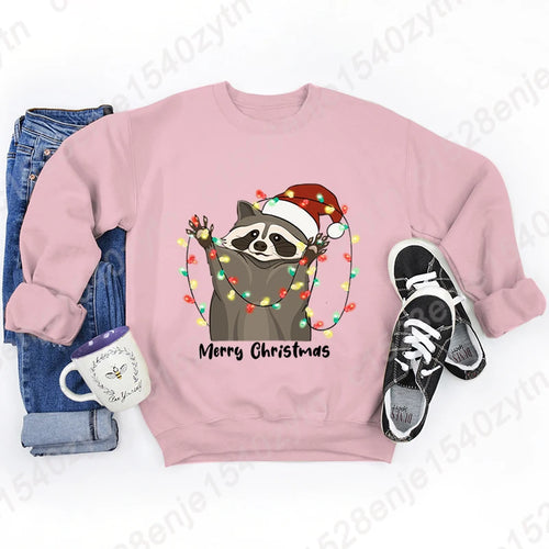 Christmas Light Racoon Merry Christmas Print Pullovers Women Autumn