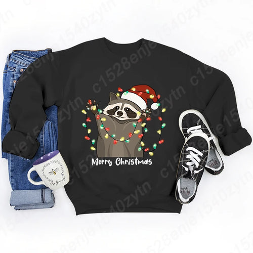 Christmas Light Racoon Merry Christmas Print Pullovers Women Autumn