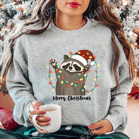 Christmas Light Racoon Merry Christmas Print Pullovers Women Autumn