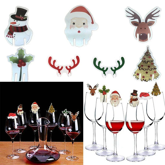 10pcs/set Christmas Glass Cup Card Santa Claus Hat Wine Glass Decor