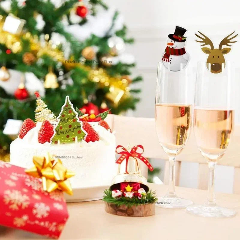 10pcs/set Christmas Glass Cup Card Santa Claus Hat Wine Glass Decor
