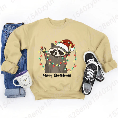 Christmas Light Racoon Merry Christmas Print Pullovers Women Autumn