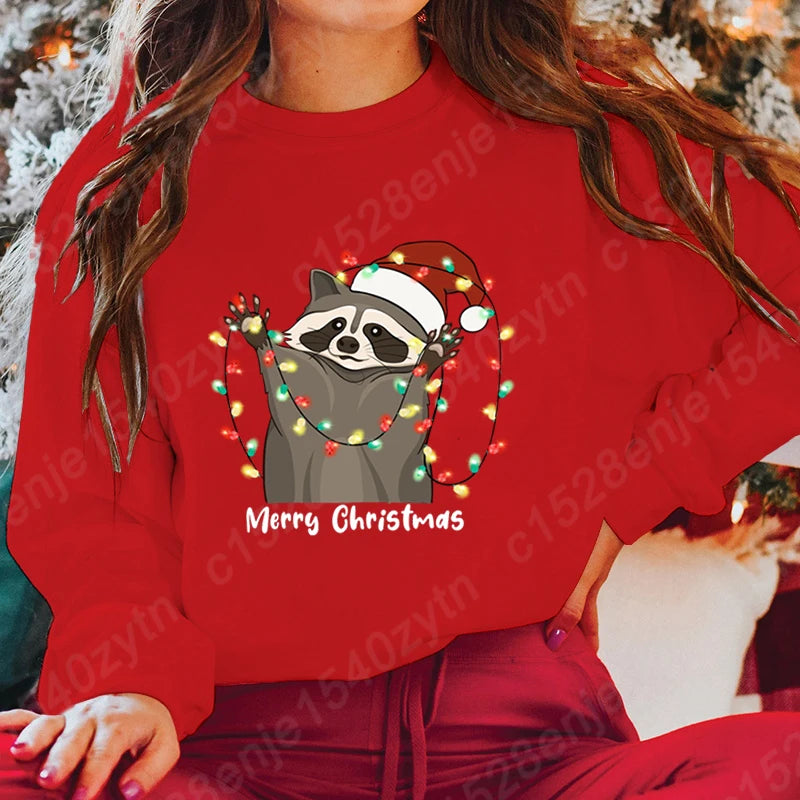 Christmas Light Racoon Merry Christmas Print Pullovers Women Autumn