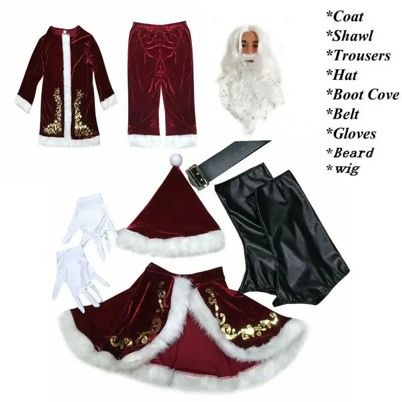 Adults 8pcs Men Christmas Santa Claus Suit Costume Cosplay Clothes
