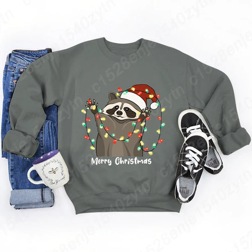 Christmas Light Racoon Merry Christmas Print Pullovers Women Autumn