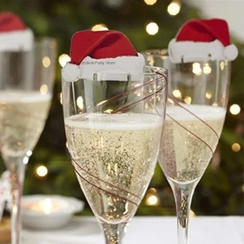 10pcs/set Christmas Glass Cup Card Santa Claus Hat Wine Glass Decor