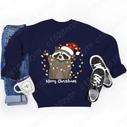 Christmas Light Racoon Merry Christmas Print Pullovers Women Autumn