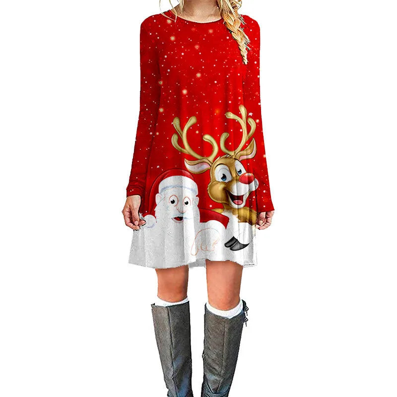 Christmas Deer Women Short Dresses Long Sleeve Festival Ladies Red
